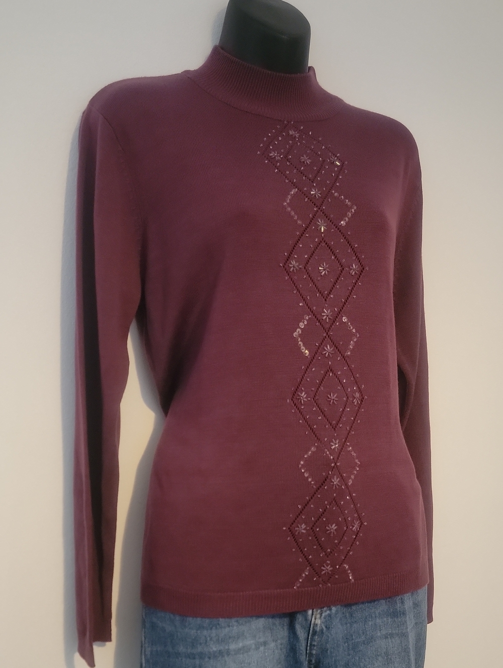 Women’s Mock Neck Embellished Sweater Top - Plum